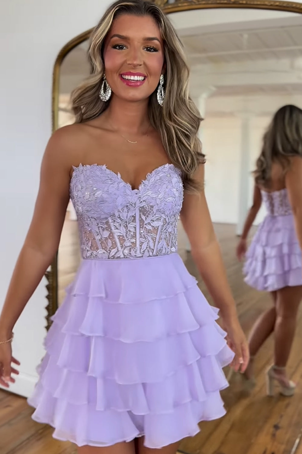 Dressystars A Line Pink Homecoming Dress Strapless Corset Short Prom Dress with Ruffles