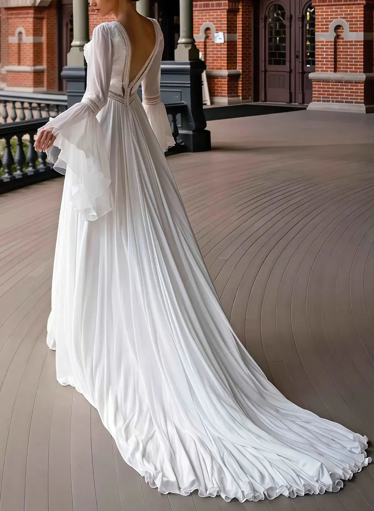 Dressystars A Line Plunge Neck Long Sleeves Chapel Train Chiffon Lace Wedding Dress with Pockets and High Slit