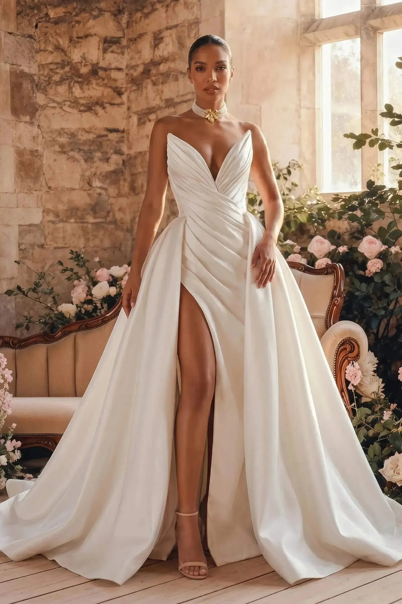 Dressystars A Line Plunge Neck Sleeveless Court Train Satin Wedding Dress with Overskirt