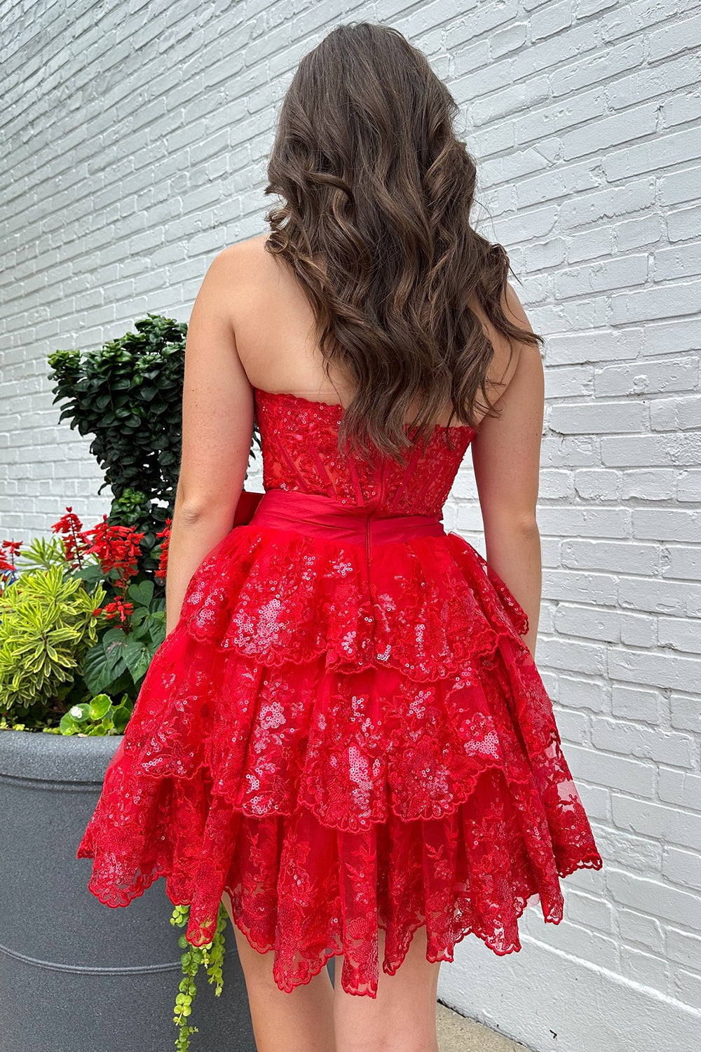 Dressystars A Line Red Homecoming Dress Strapless Corset Short Prom Dress with Bow