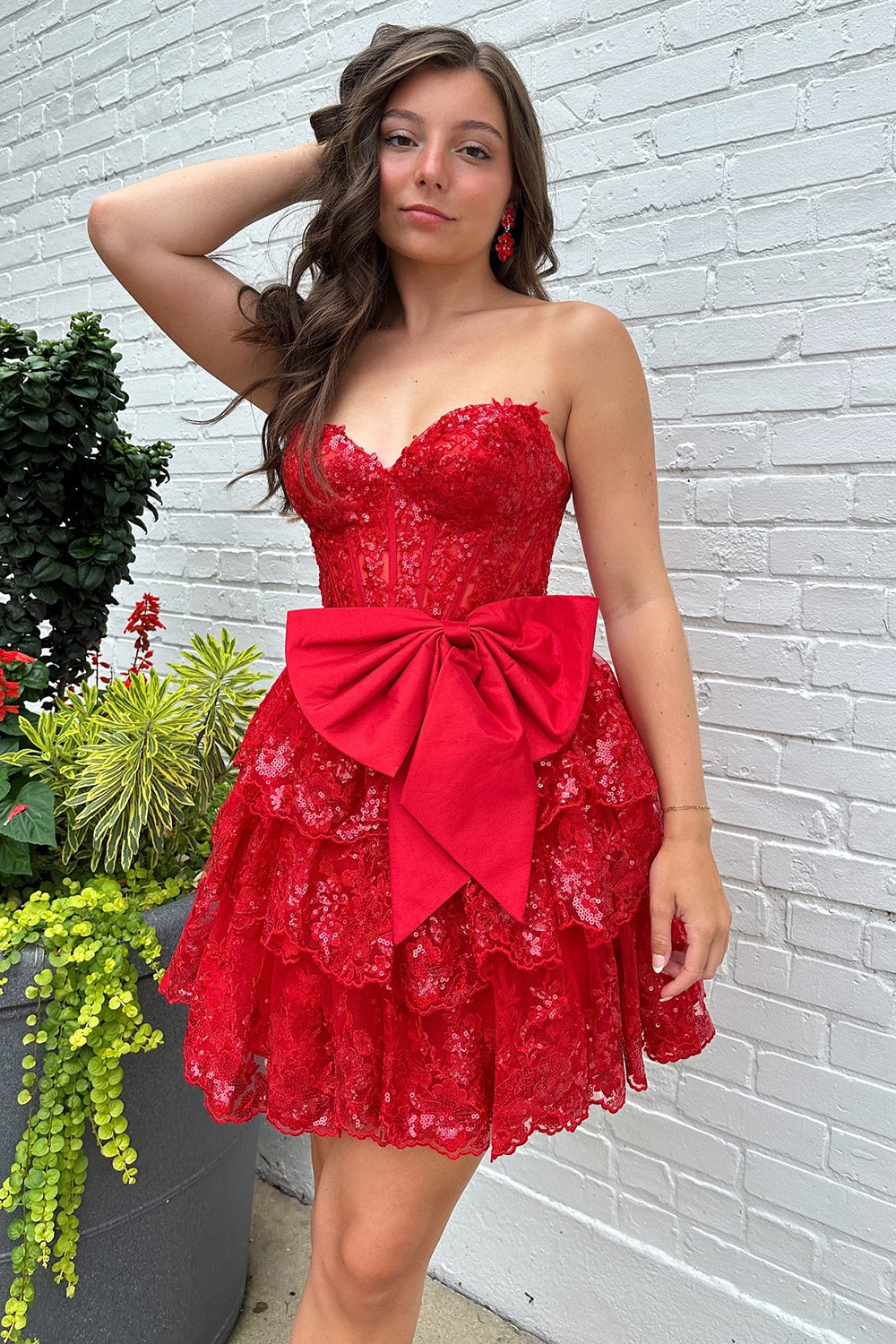 Dressystars A Line Red Homecoming Dress Strapless Corset Short Prom Dress with Bow