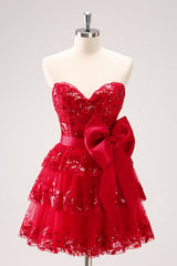 Dressystars A Line Red Homecoming Dress Strapless Short Prom Dress with Bow