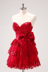 Dressystars A Line Red Homecoming Dress Strapless Short Prom Dress with Bow