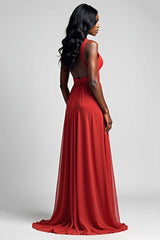 Dressystars A Line Ruched Red Wedding Guest Dress Backless Long Formal Dress