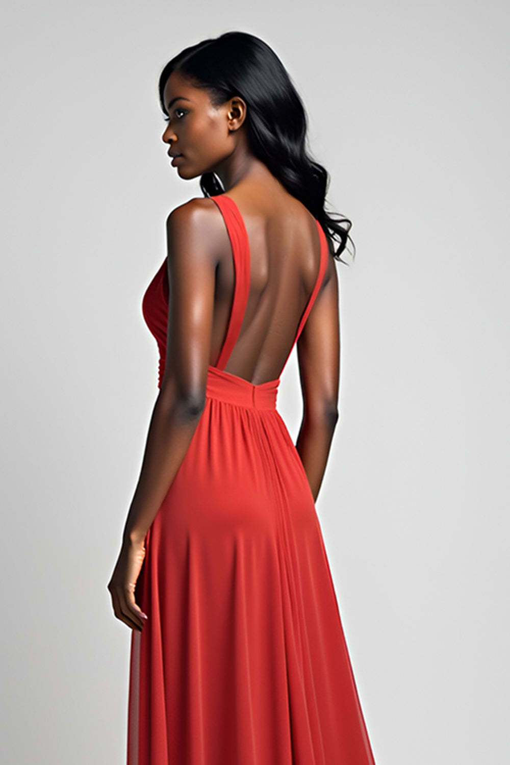 Dressystars A Line Ruched Red Wedding Guest Dress Backless Long Formal Dress