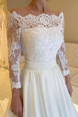 Dressystars A Line Satin Lace Sleeve White Wedding Dress Bridal Gown With Appliques