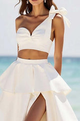 Dressystars A Line Satin White 2 Piece Ruffled Long Graduation Dress With Slit