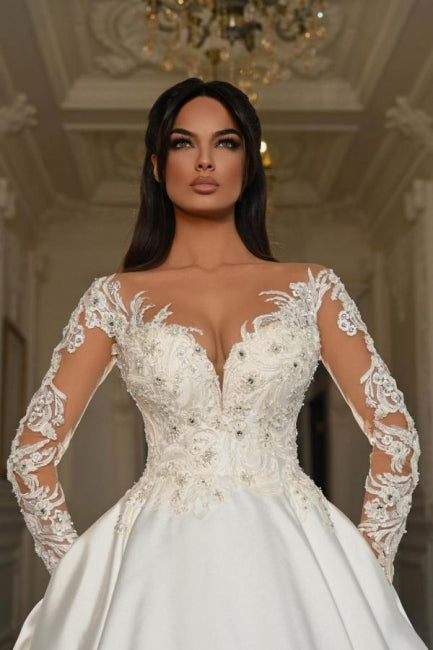 Dressystars A Line Sleeve White Wedding Dress Beaded Lace Up Lace Ball Gown Bridal Gown With Pearls