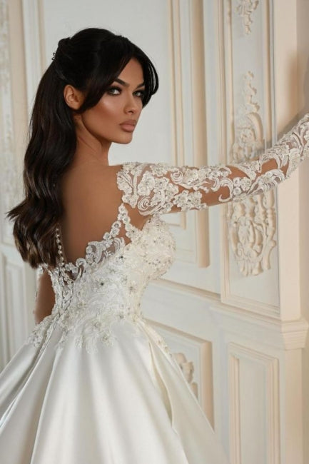 Dressystars A Line Sleeve White Wedding Dress Beaded Lace Up Lace Ball Gown Bridal Gown With Pearls