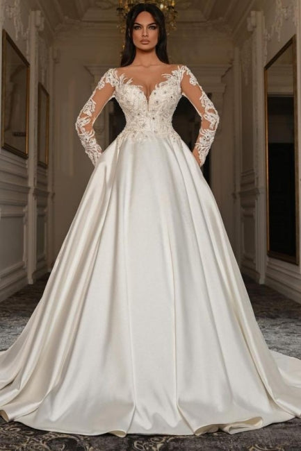 Dressystars A Line Sleeve White Wedding Dress Beaded Lace Up Lace Ball Gown Bridal Gown With Pearls