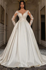 Dressystars A Line Sleeve White Wedding Dress Beaded Lace Up Lace Ball Gown Bridal Gown With Pearls