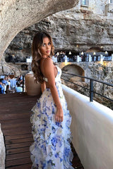 Dressystars A Line Spaghetti Straps Blue Floral Printed Long Party Dress Formal Evening Gown