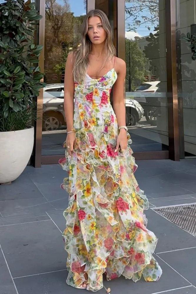Dressystars A Line Spaghetti Straps Blue Floral Printed Long Party Dress Formal Evening Gown