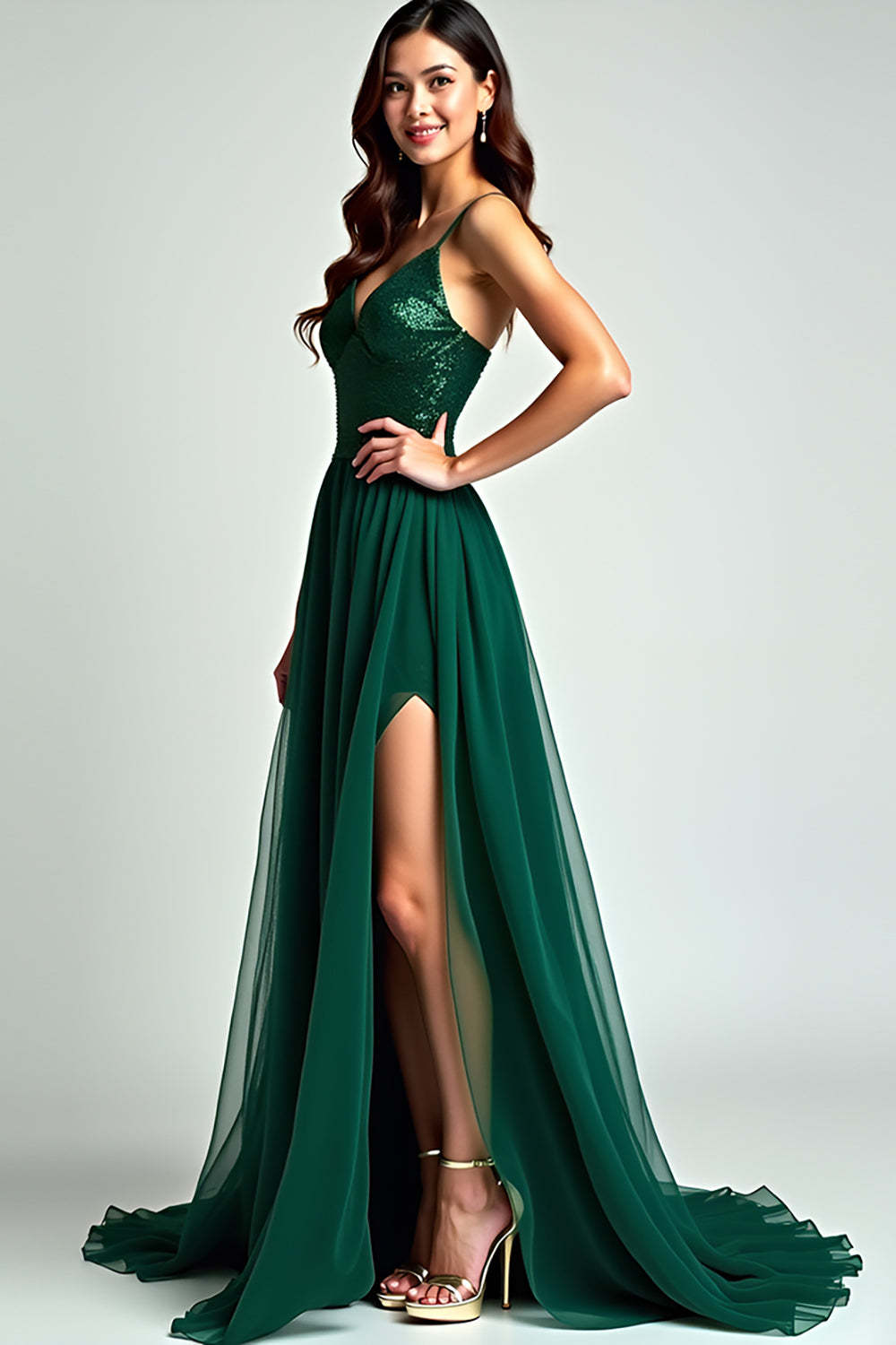 Dressystars A Line Spaghetti Straps Dark Green Wedding Guest Dress Long Formal Dress With Slit