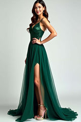 Dressystars A Line Spaghetti Straps Dark Green Wedding Guest Dress Long Formal Dress With Slit