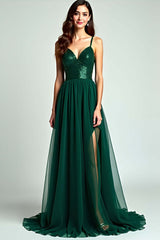 Dressystars A Line Spaghetti Straps Dark Green Wedding Guest Dress Long Formal Dress With Slit