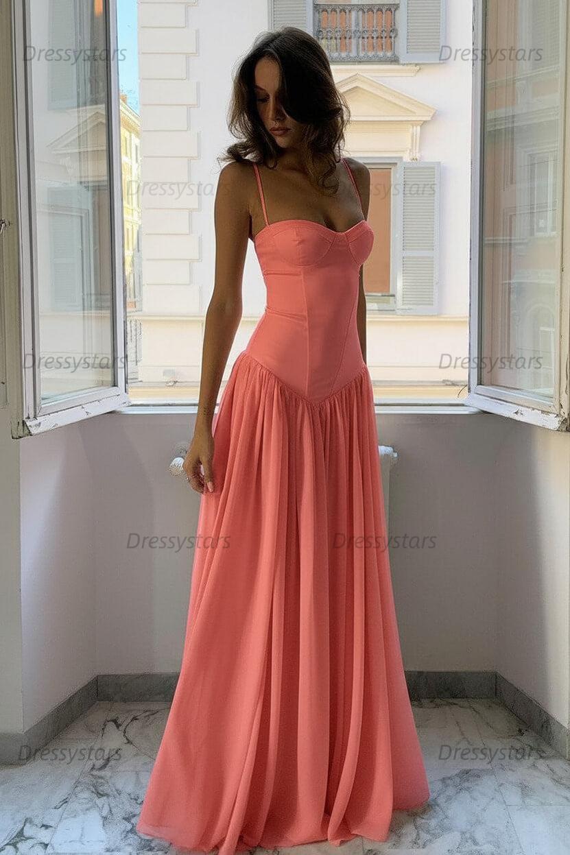 Dressystars A Line Spaghetti Straps Pink Corset Prom Dress With Ruffles Formal Evening Gown