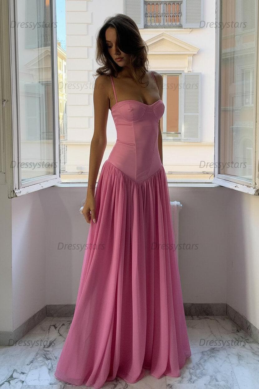 Dressystars A Line Spaghetti Straps Pink Corset Prom Dress With Ruffles Formal Evening Gown