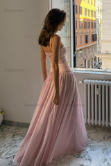 Dressystars A Line Spaghetti Straps Pink Corset Prom Dress With Ruffles Formal Evening Gown