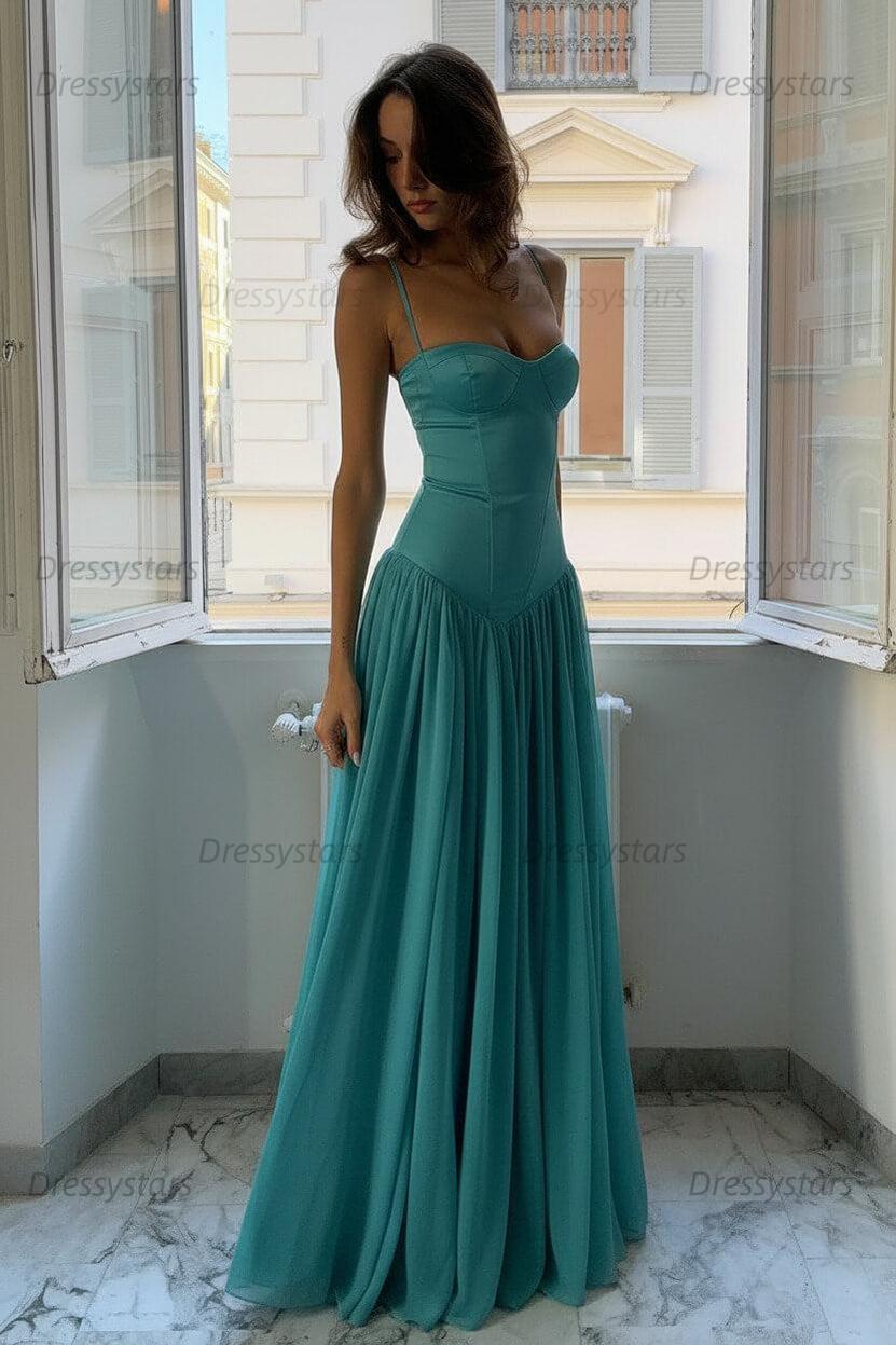 Dressystars A Line Spaghetti Straps Pink Corset Prom Dress With Ruffles Formal Evening Gown