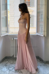 Dressystars A Line Spaghetti Straps Pink Corset Prom Dress With Ruffles Formal Evening Gown