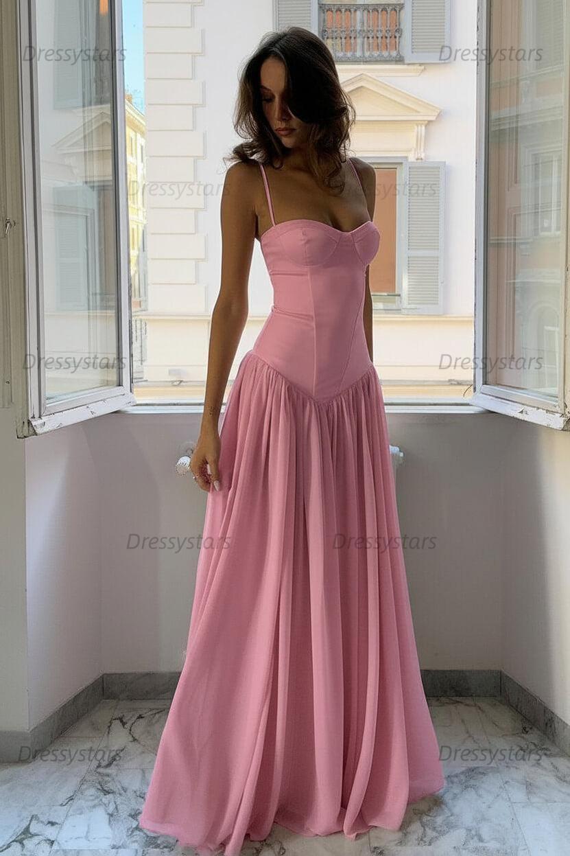 Dressystars A Line Spaghetti Straps Pink Corset Prom Dress With Ruffles Formal Evening Gown