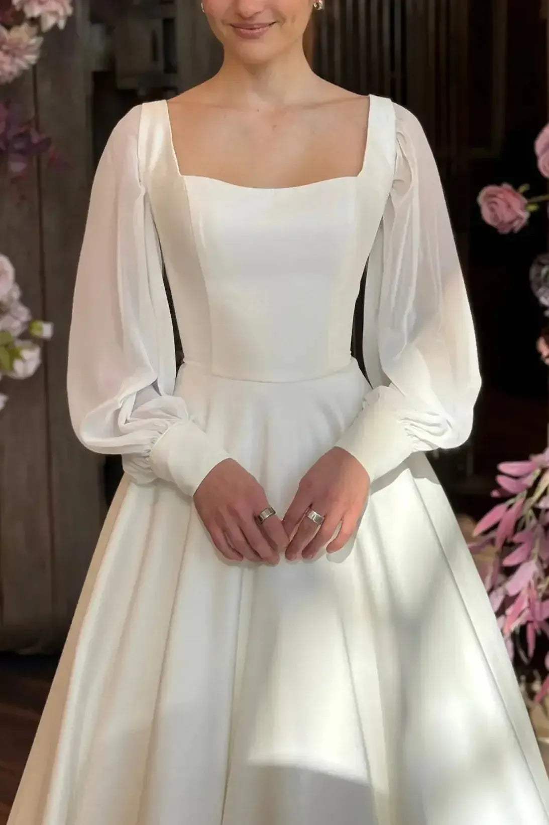Dressystars A Line Square Neckline Long Sleeves Floor Length Chiffon Elastic Satin Wedding Dress
