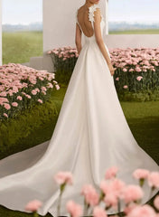 Dressystars A Line Square Neckline Sleeveless Court Train Chiffon Satin Wedding Dress with Flowers and Overskirt