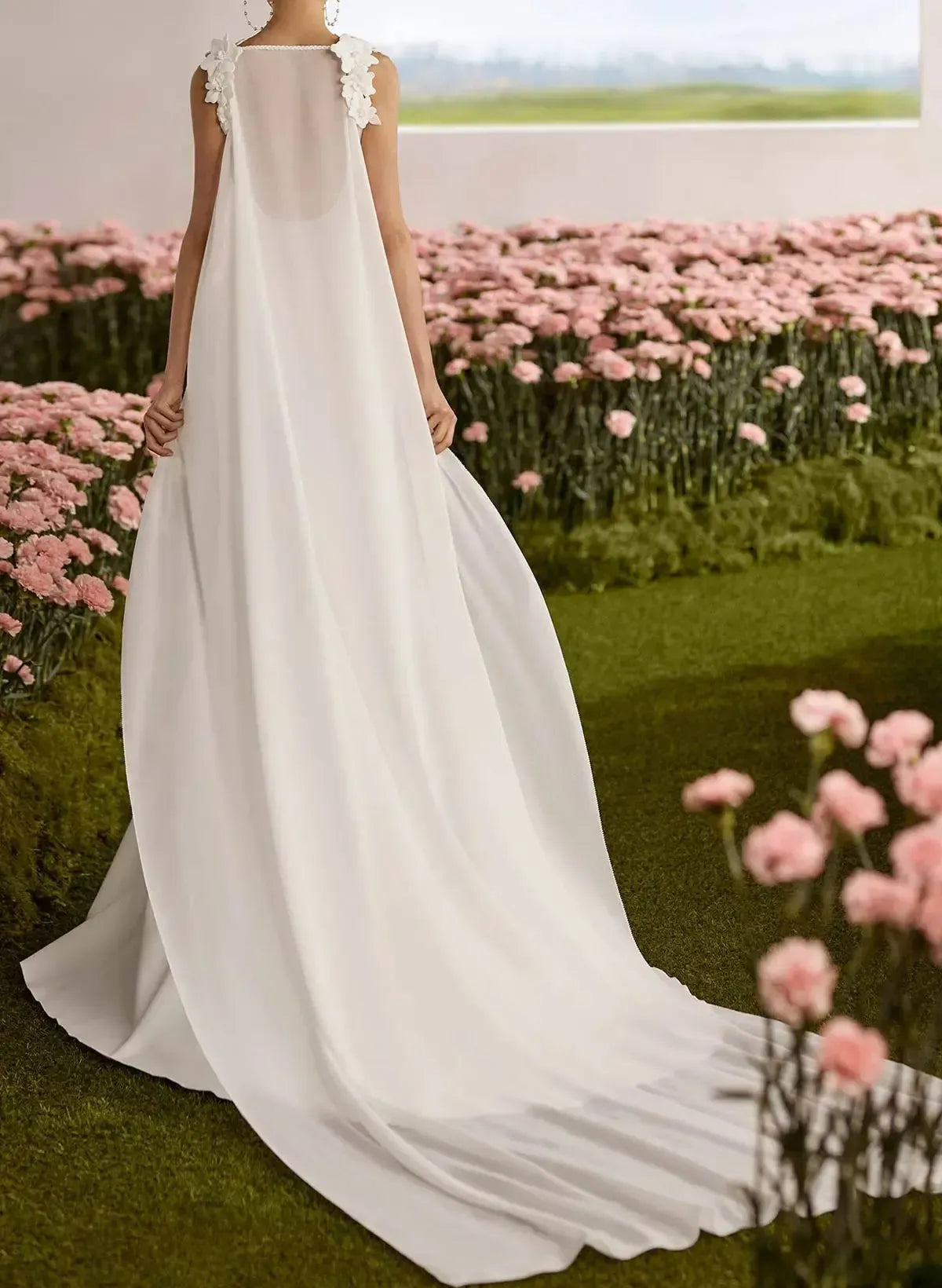 Dressystars A Line Square Neckline Sleeveless Court Train Chiffon Satin Wedding Dress with Flowers and Overskirt