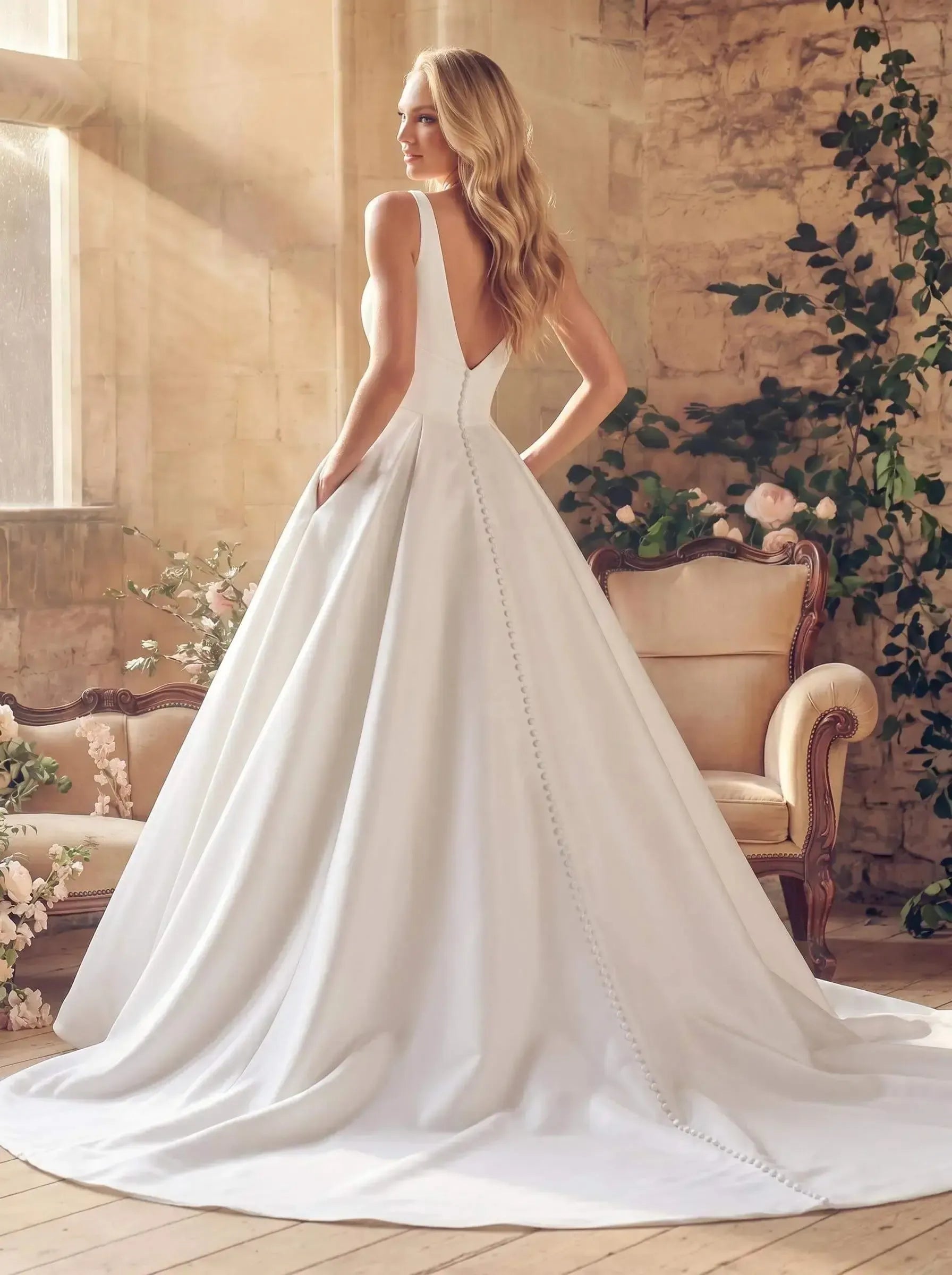 Dressystars A Line Square Neckline Sleeveless Court Train Satin Wedding Dress with Pockets