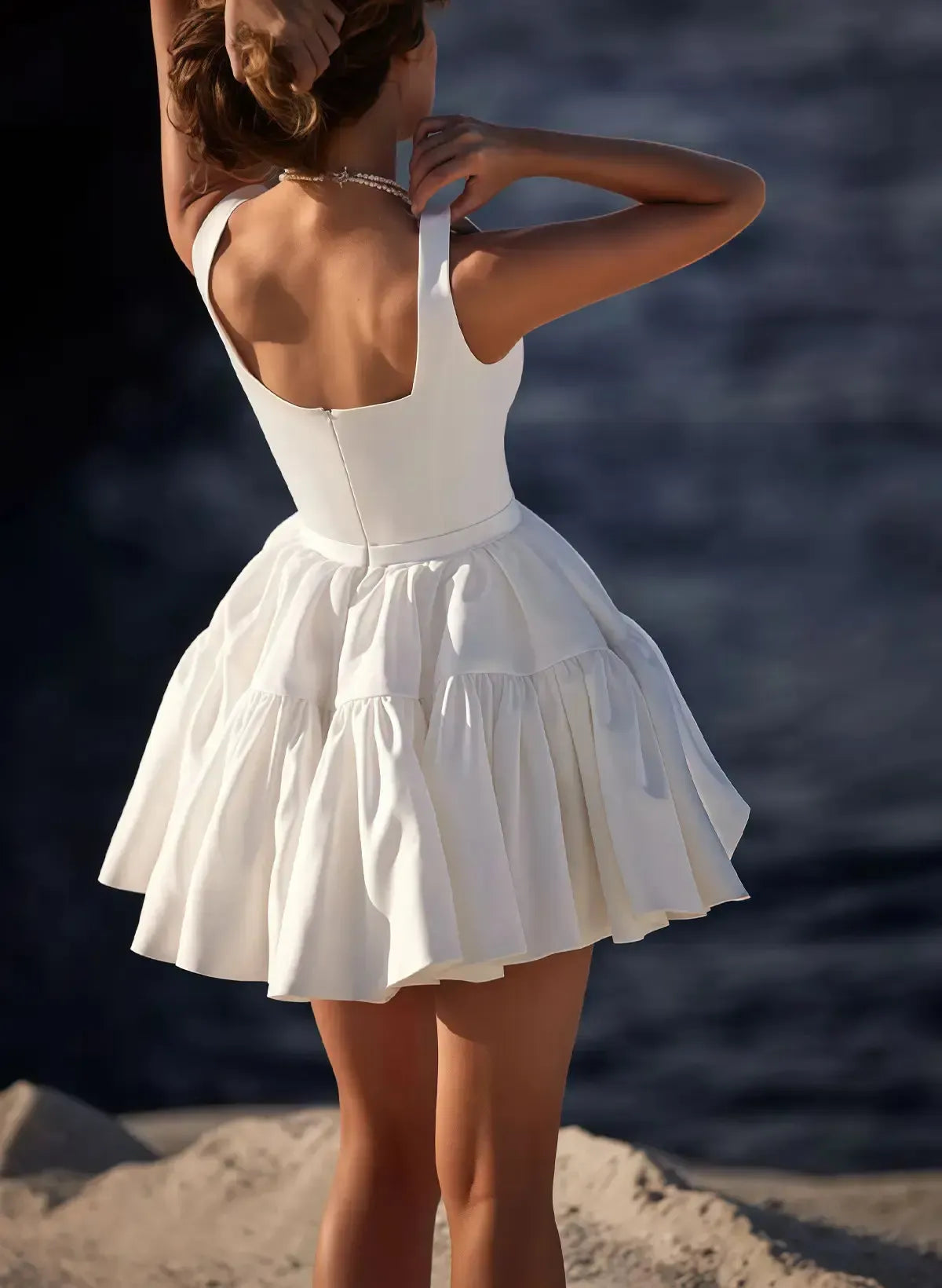 Dressystars A Line Square Neckline Sleeveless Short Mini Matte Satin Wedding Dress