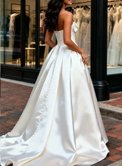 Dressystars A Line Strapless Sleeveless Court Train Satin Wedding Dress with Bow Beading and High Slit