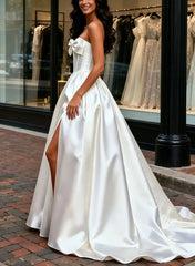 Dressystars A Line Strapless Sleeveless Court Train Satin Wedding Dress with Bow Beading and High Slit