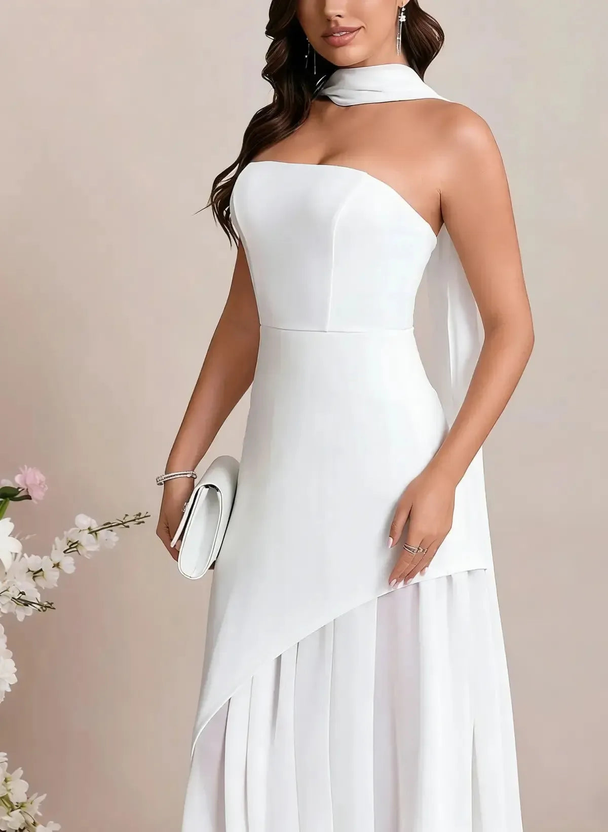 Dressystars A Line Strapless Sleeveless Floor Length Chiffon Elastic Satin Wedding Dress