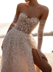 Dressystars A Line Sweetheart Detachable Sleeves Court Train Lace Wedding Dress with Appliques and High Slit
