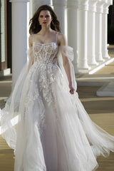 Dressystars A Line Tulle Lace Spaghetti Straps Sleeve White Wedding Dress Bridal Gown With Appliques