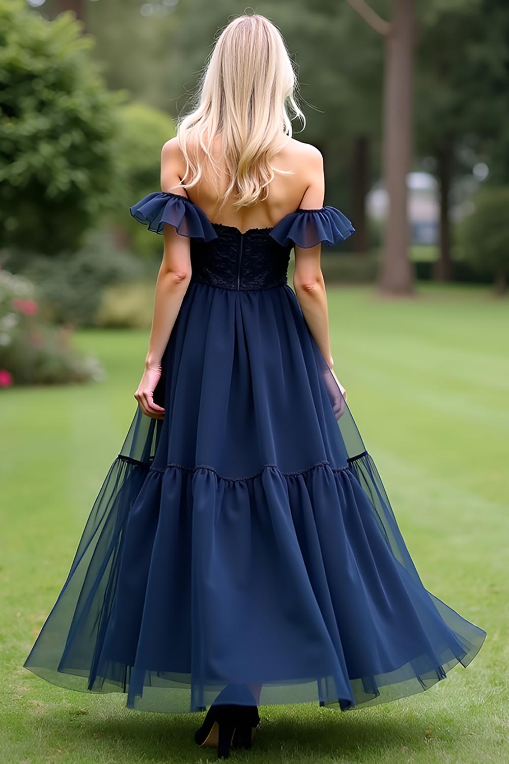 Dressystars A Line Tulle Navy Wedding Guest Dress Sweetheart Ankle-Length Formal Dress