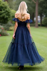 Dressystars A Line Tulle Navy Wedding Guest Dress Sweetheart Ankle-Length Formal Dress