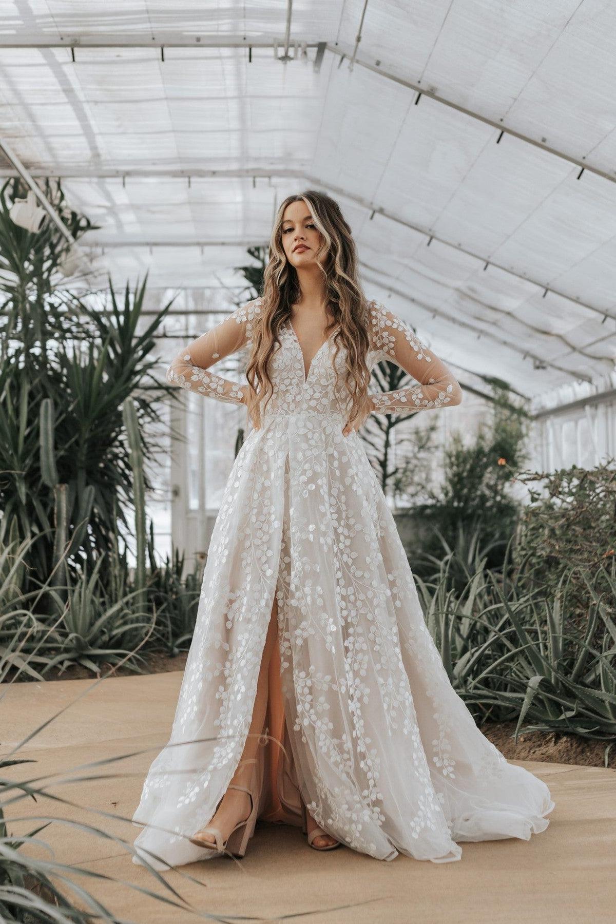 Dressystars A Line Unique V Neck Sleeves Appliques Bridal Gown With Slit