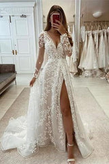 Dressystars A Line Unique V Neck Sleeves Appliques Bridal Gown With Slit