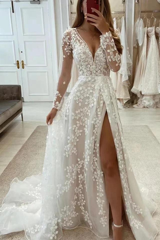 Dressystars A Line Unique V Neck Sleeves Appliques Bridal Gown With Slit