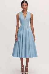 Dressystars A Line V Neck Blue Wedding Guest Dress Tea Length Formal Dress