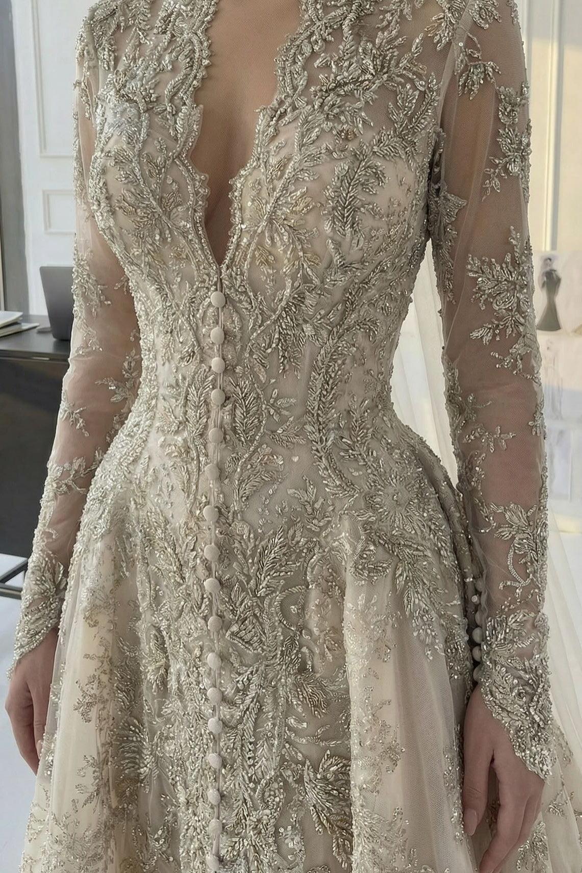 Dressystars A Line V Neck Champagne Long Wedding Dress With Appliques Lace Bridal Gown
