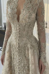 Dressystars A Line V Neck Champagne Long Wedding Dress With Appliques Lace Bridal Gown
