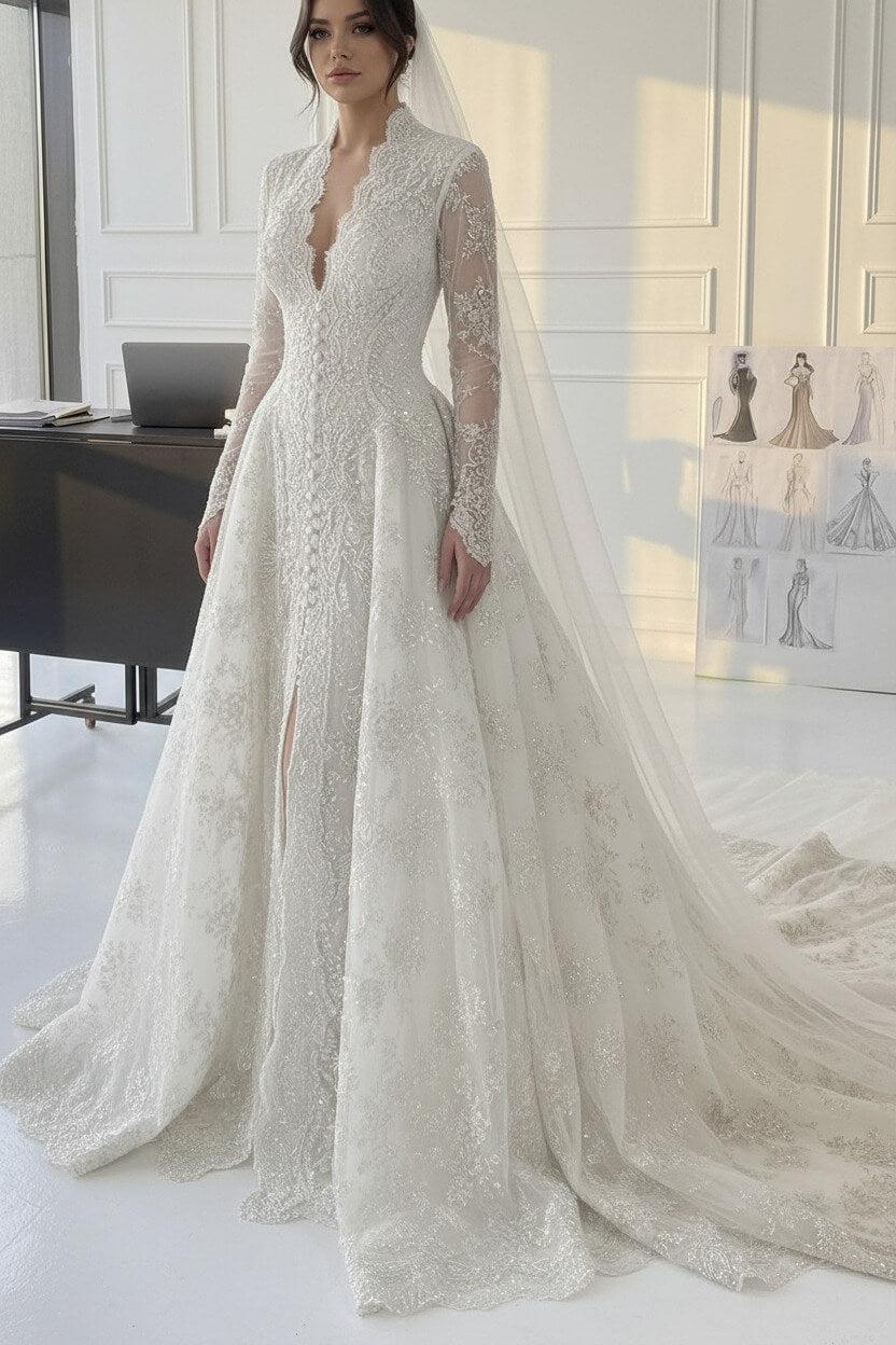 Dressystars A Line V Neck Champagne Long Wedding Dress With Appliques Lace Bridal Gown