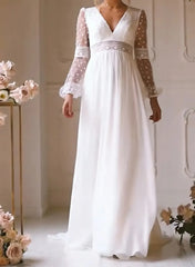 Dressystars A Line V Neck Long Sleeves Floor Length Chiffon Wedding Dress with Bow and Lace