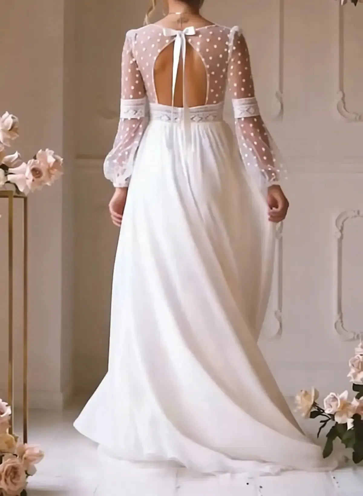 Dressystars A Line V Neck Long Sleeves Floor Length Chiffon Wedding Dress with Bow and Lace