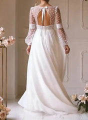 Dressystars A Line V Neck Long Sleeves Floor Length Chiffon Wedding Dress with Bow and Lace
