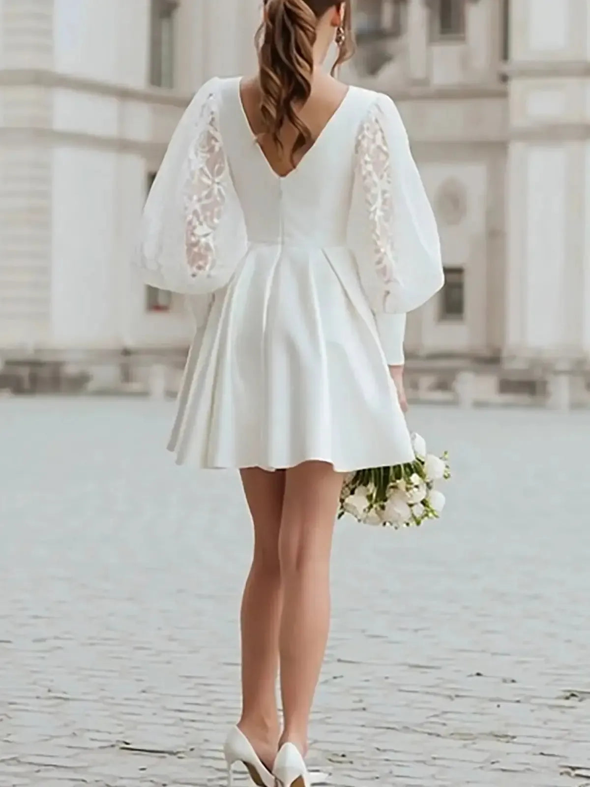 Dressystars A Line V Neck Long Sleeves Short Mini Lace Elastic Satin Wedding Dress