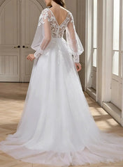 Dressystars A Line V Neck Long Sleeves Sweep Train Chiffon Lace Wedding Dress with Front Slit and Appliques